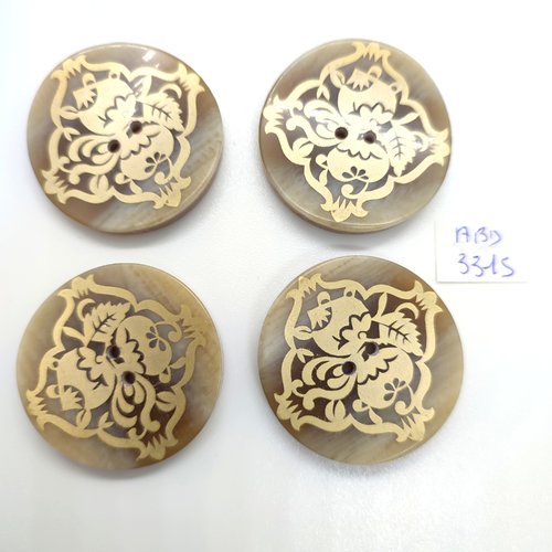 4 boutons en résine beige et doré - 35mm - abd3315