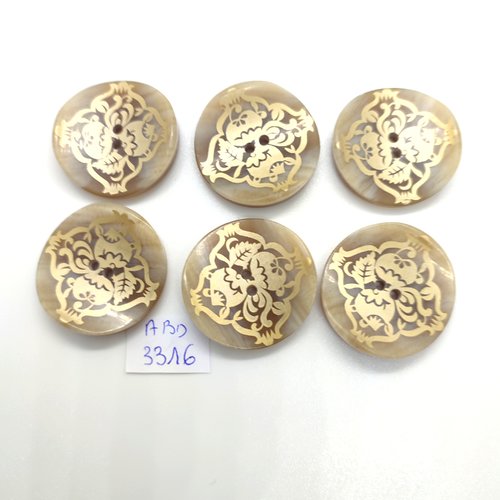 6 boutons en résine beige et doré - 28mm - abd3316