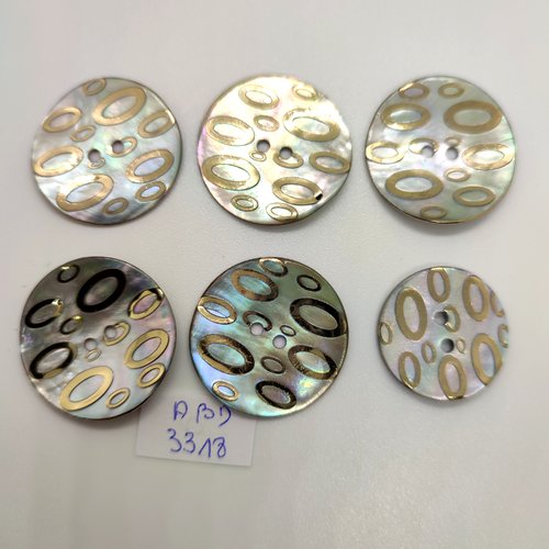 6 boutons en nacre gris et doré - 27mm et 23mm - abd3317
