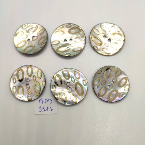 6 boutons en nacre gris et doré - 27mm - abd3317