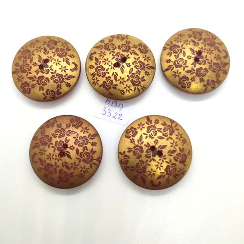 5 boutons en résine doré et fleur marron - 34mm - abd3322