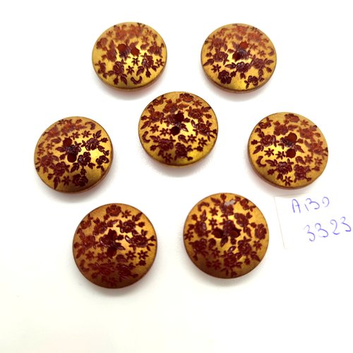 7 boutons en résine doré et fleur marron - 18mm - abd3323