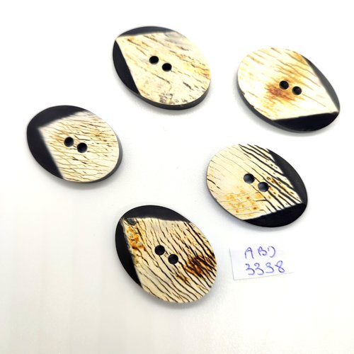 5 boutons en résine noir / blanc cassé - 22x32mm - abd3338