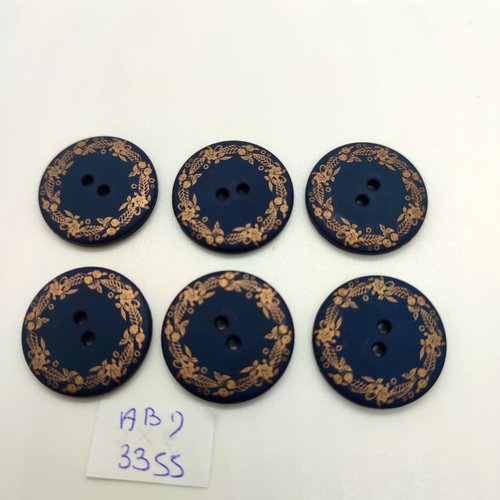 6 boutons en résine bleu et doré - 23mm - abd3355