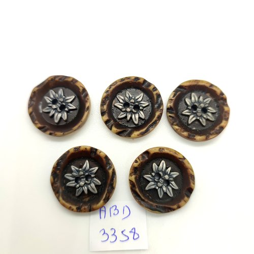 5 boutons en résine marron et gris (fleur) - 20mm - abd3358