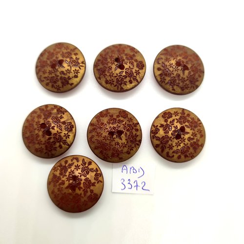7 boutons en résine doré et fleur marron - 22/23mm - abd3372