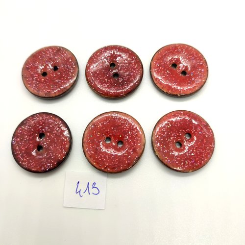 6 boutons en coco rouge pailleté - 25mm - 413