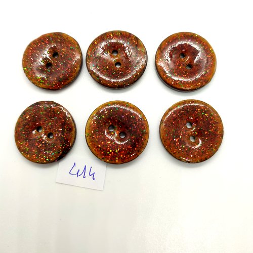 6 boutons en coco marron pailleté - 25mm - 414