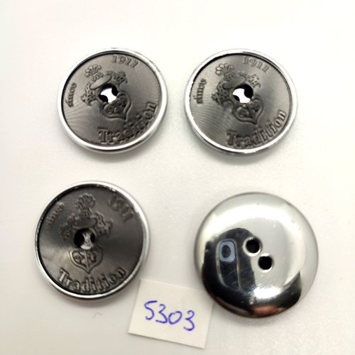 4 boutons en métal argenté et résine gris - 22mm - tr5303