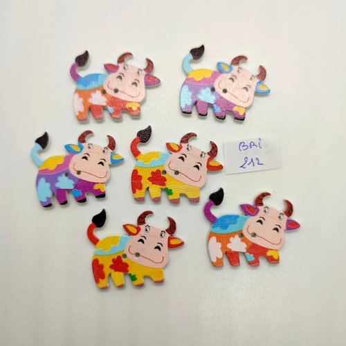 6 boutons fantaisie en bois multicolore  (un taureaux) - 28x33mm - bri212