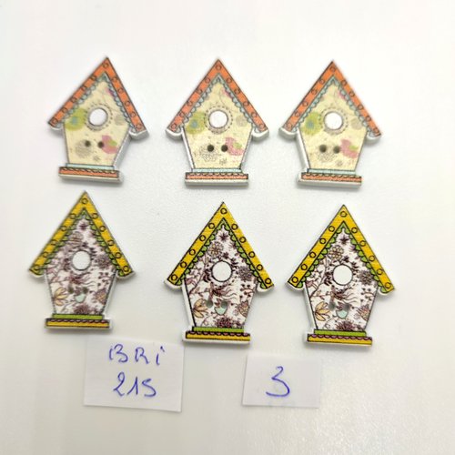 6 boutons fantaisie en bois multicolore  (une maison) - 22x38mm - bri215