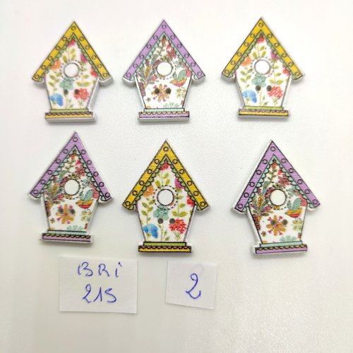 6 boutons fantaisie en bois multicolore  (une maison) - 22x38mm - bri215