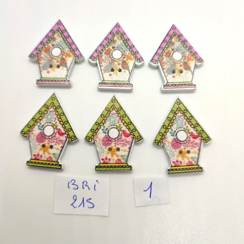 6 boutons fantaisie en bois multicolore  (une maison) - 22x38mm - bri215