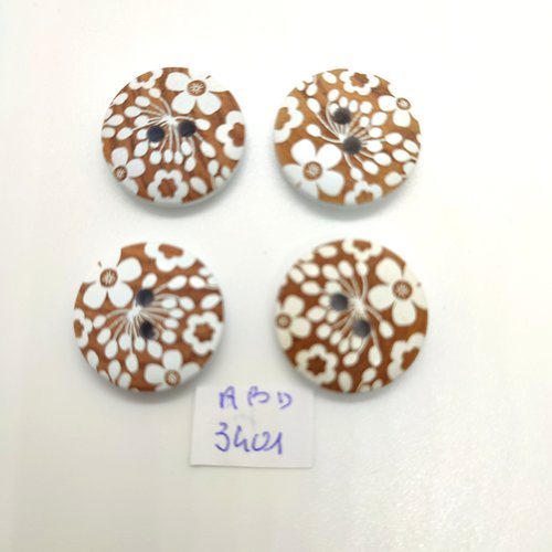 4 boutons en bois blanc et marron clair avec des fleurs- 22mm - abd3401