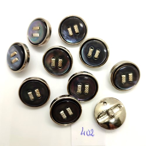 10 boutons en résine argenté et nacre bleu - 18mm - 402