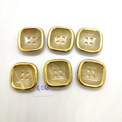 6 boutons en résine beige et doré - 24x24mm - 406