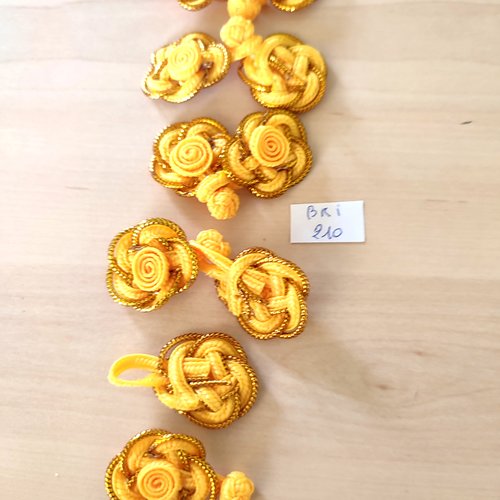 5 boutons brandebourg tissu jaune et doré - fermé 6cm - bri210