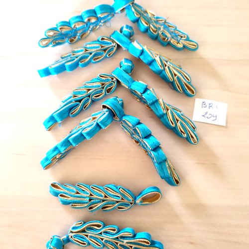 5 boutons brandebourg tissu bleu et doré - 12cm - bri209