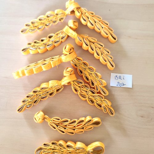5 boutons brandebourg tissu jaune et doré - 12cm - bri207