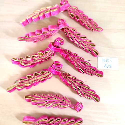 5 boutons brandebourg tissu rose foncé et doré - 12cm - bri205