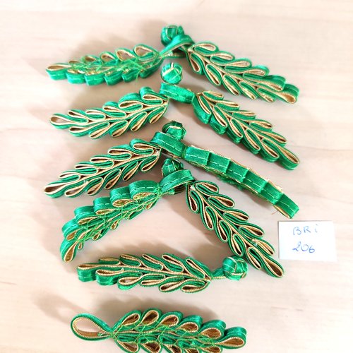 5 boutons brandebourg tissu vert et doré - 12cm - bri206