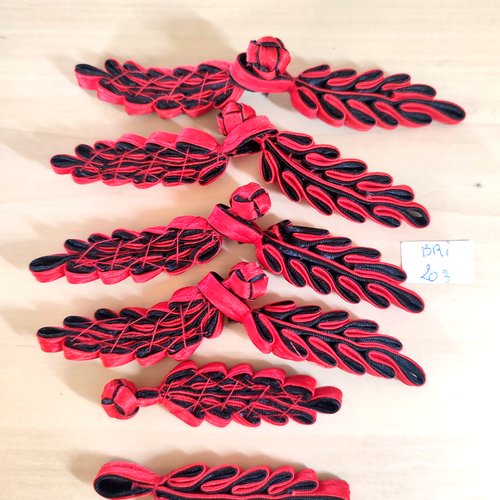 5 boutons brandebourg tissu rouge et noir - 12cm - bri203