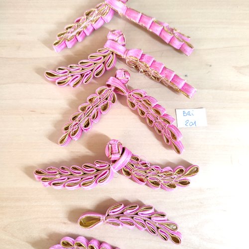 5 boutons brandebourg tissu rose - 12cm - bri201