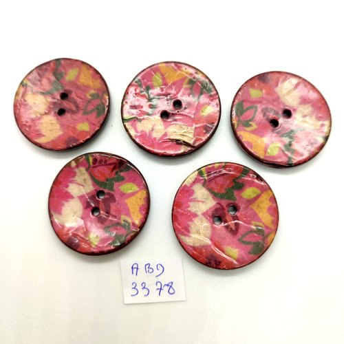 5 boutons en coco multicolore et fond rose - 30mm - abd3378