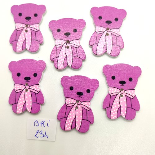 6 boutons fantaisie en bois - un ourson lilas avec ruban rose  - 22x32mm - bri234