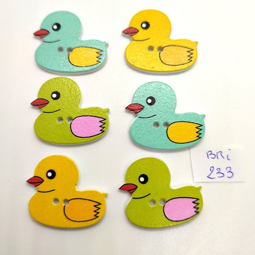 6 boutons fantaisie en bois - canard vert jaune bleu - 25x29mm - bri233