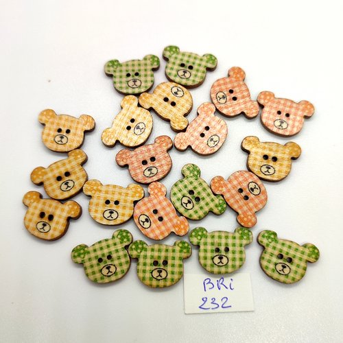 20 boutons fantaisie en bois - tete d'ours multicolore - 13x18mm - bri232