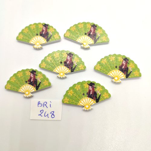 6 boutons fantaisie en bois - éventail vert - 18x30mm - bri248