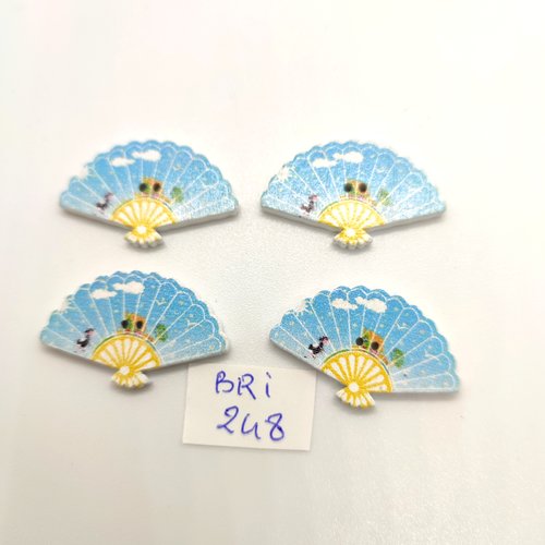 4 boutons fantaisie en bois - éventail bleu - 18x30mm - bri248