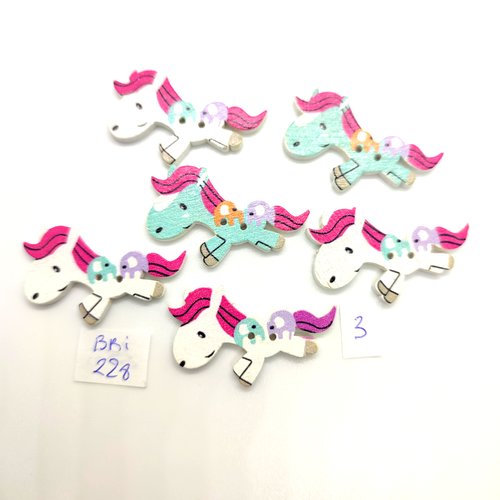 6 boutons fantaisie en bois - chevaux multicolore - 20x31mm - bri228