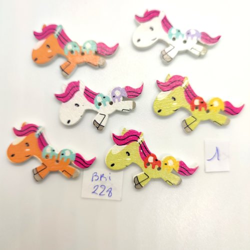 6 boutons fantaisie en bois - chevaux multicolore - 20x31mm - bri228
