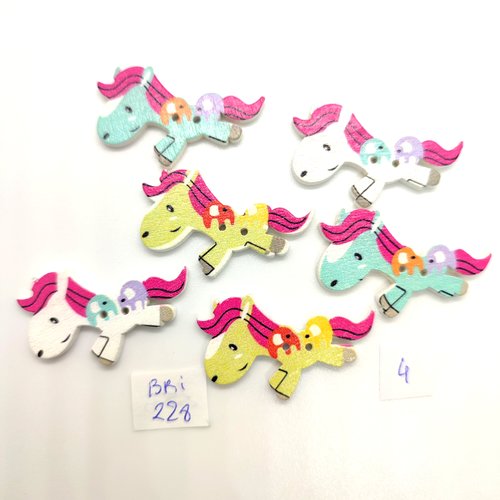 6 boutons fantaisie en bois - chevaux multicolore - 20x31mm - bri228