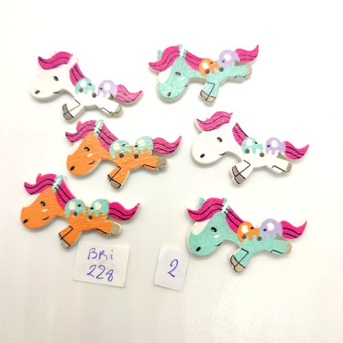 6 boutons fantaisie en bois - chevaux multicolore - 20x31mm - bri228