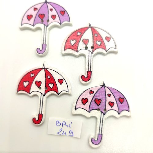 4 boutons fantaisie en bois - parapluie rouge blanc et lilas - 31x35mm - bri249