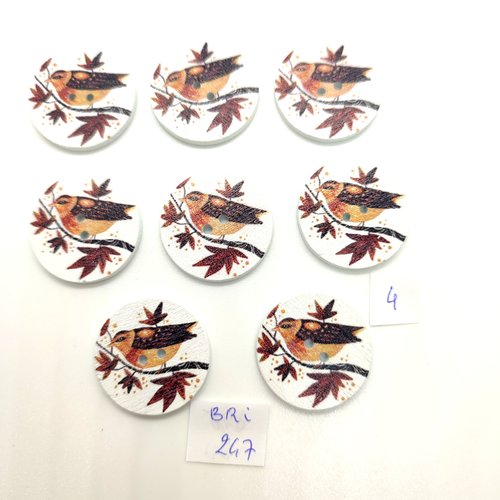 8 boutons fantaisie en bois - oiseaux multicolore - 25mm - bri247