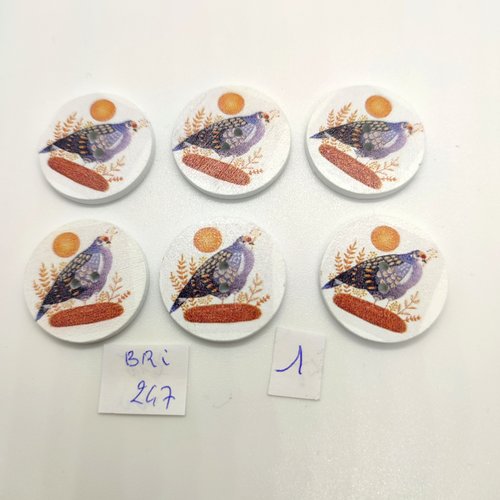 6 boutons fantaisie en bois - oiseaux multicolore - 25mm - bri247
