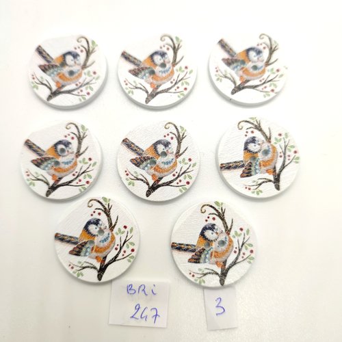 8 boutons fantaisie en bois - oiseaux multicolore - 25mm - bri247