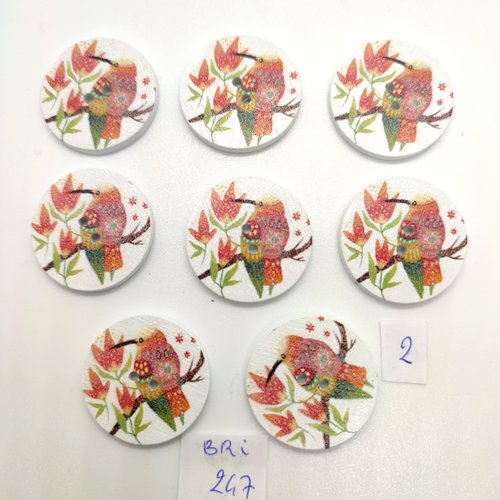 8 boutons fantaisie en bois - oiseaux multicolore - 25mm - bri247