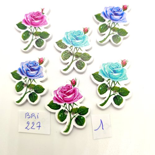 6 boutons fantaisie en bois - fleur multicolore - 25x31mm - bri227