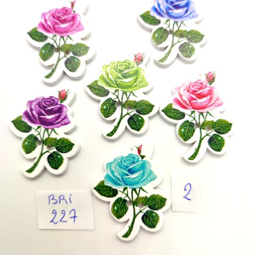 6 boutons fantaisie en bois - fleur multicolore - 25x31mm - bri227