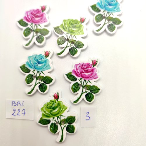 6 boutons fantaisie en bois - fleur multicolore - 25x31mm - bri227