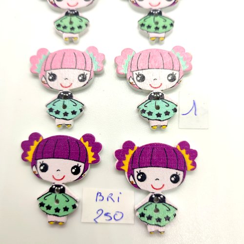 6 boutons fantaisie en bois - fillette multicolore - 27x29mm - bri250