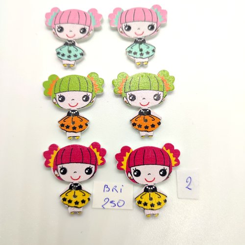 6 boutons fantaisie en bois - fillette multicolore - 27x29mm - bri250