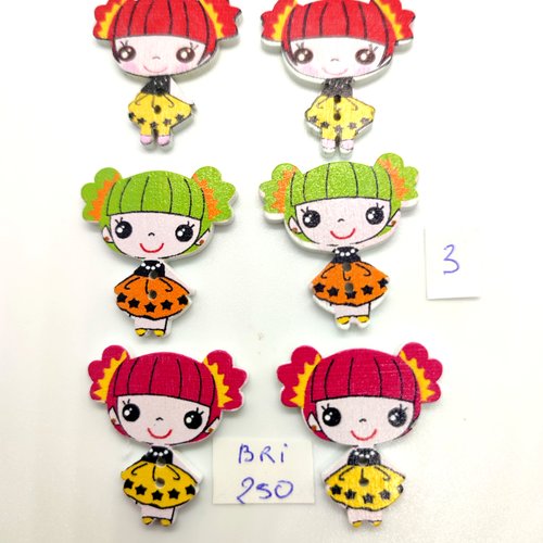 6 boutons fantaisie en bois - fillette multicolore - 27x29mm - bri250