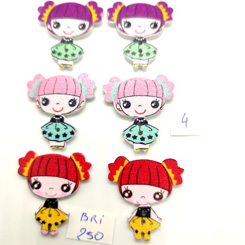 6 boutons fantaisie en bois - fillette multicolore - 27x29mm - bri250