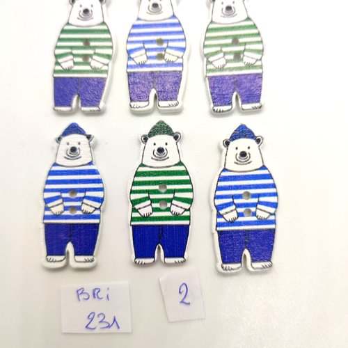 6 boutons fantaisie en bois - un ours multicolore - 16x35mm - bri231